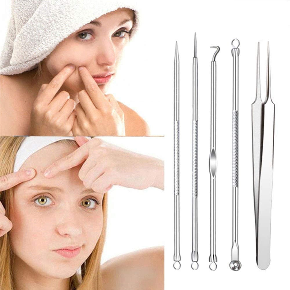 Blackhead Remover Tool Kit Comedone Extractor, Karpo 5 in1 Blackhead Cleaner Tweezers Kit, Curved Professional Stainless Pimple Acne Blemish Removal Tools Set, Silver