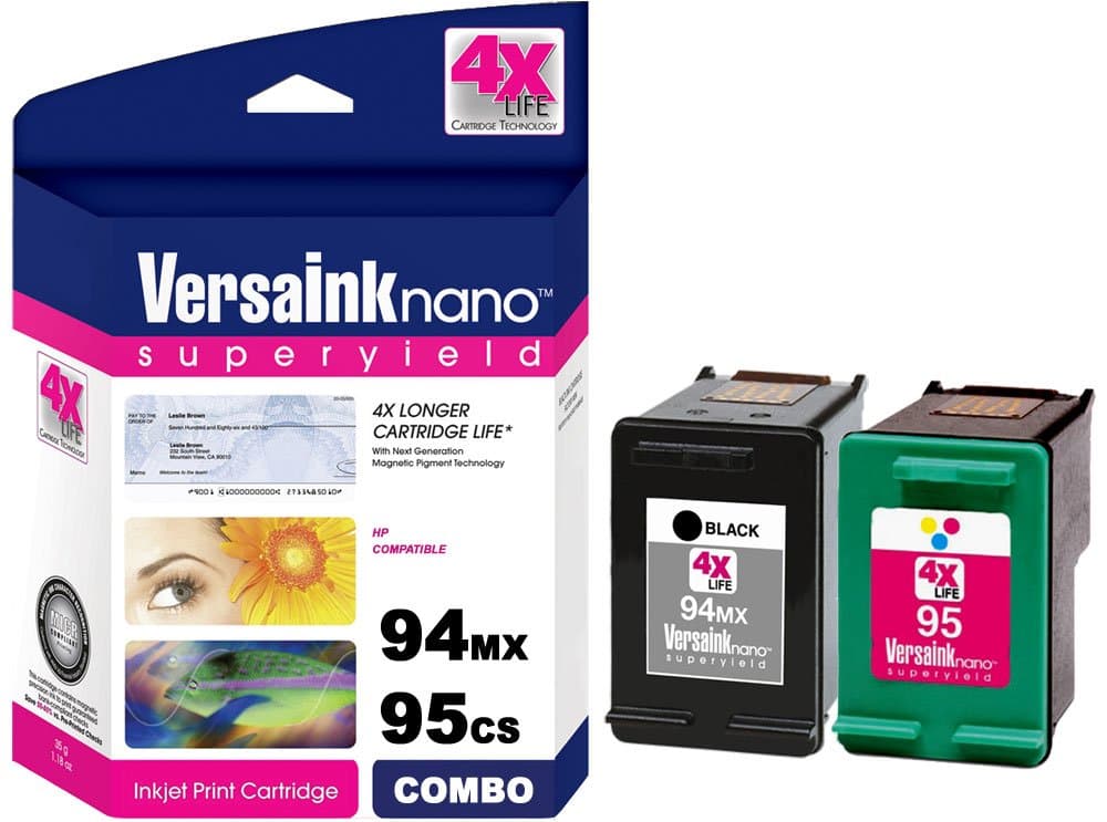 VersaInk-Nano HP 94 MX Black MICR Ink Cartridge for Check Printing & 95 CX Color Cartridge