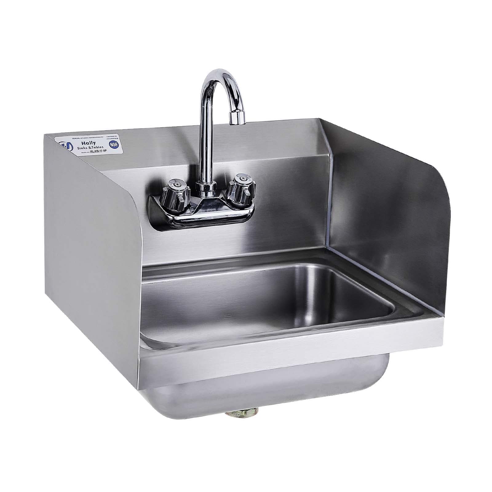 HALLY SINKS & TABLES H Stainless Steel for Washing with Faucet and Side Splash NSF, Commercial Wall Mount Hand Basin for Restaurant, Kitchen and Home, 17 x 15 Inches