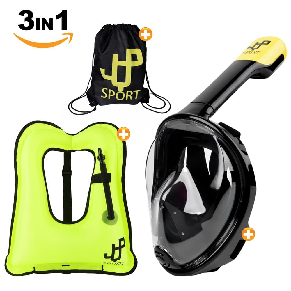 JQP Sports Full Face Snorkel Mask and Snorkel Vest & Durable Carry Bag | 180° View, Anti-Fog & Anti-Leak Diving Mask |L/XL...