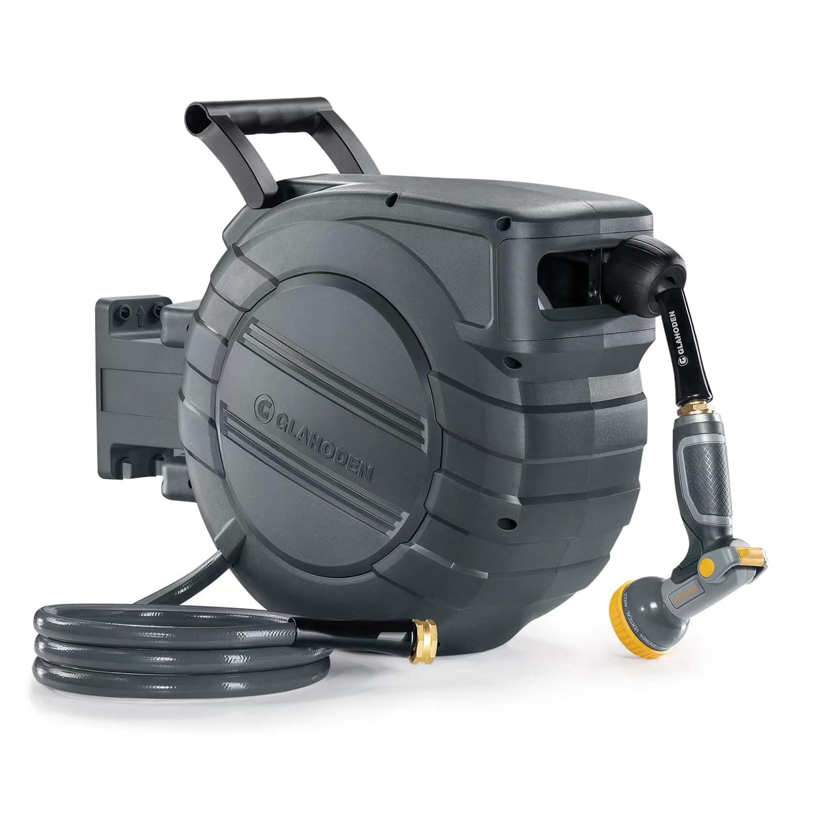 GLAHODEN Retractable Garden Hose Reel 1/2 in x 65 ft, 2025 Upgraded Dual Ratchet Lock UV & Freeze Protection Brass Seal Slow Retraction Anti-Tangle Hose 180°Swivel Reinforced Scaffold Wall Mount