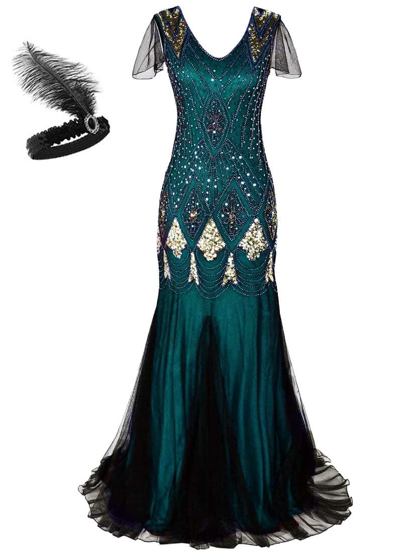 aifuu 1920s Gatsby Flapper Dress Women Long Prom Evening Gowns Beaded Sequin Mermaid Hem Ball Party Costume Plus Size