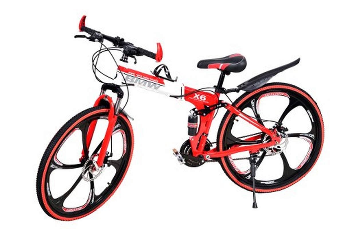 Cyclic Mountain Folding Bike, 26-inch Variable Speed Double Shock Absorber (Red,BWM,6 Spoke)