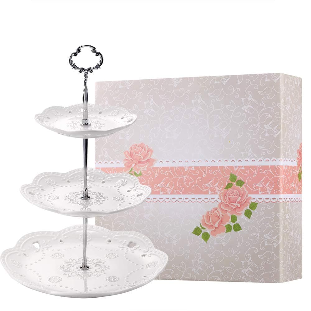 BonNoces 3-Tier Porcelain Cupcake Stand Serving Tray - White Embossed Elegant Dessert Cake Stand - Pastry Serving Stand for Tea Party, Wedding and Birthday