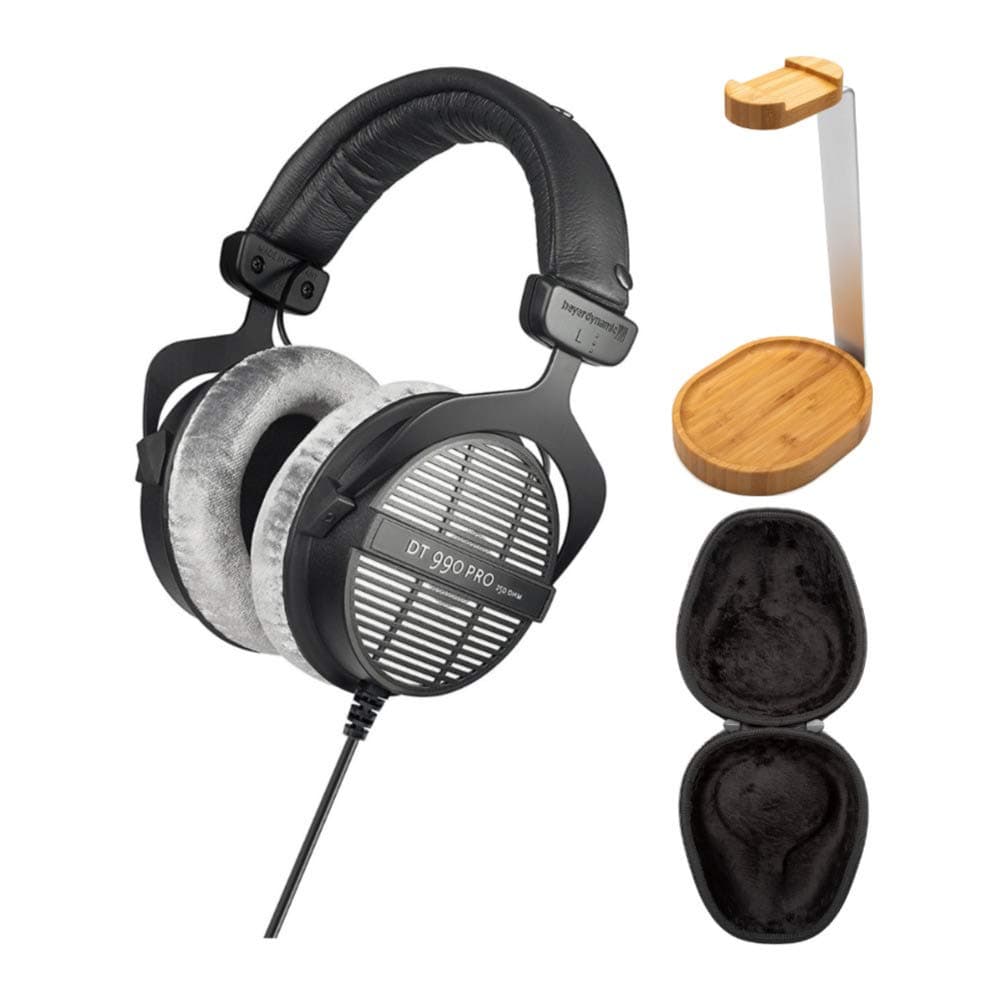 beyerdynamic DT-990 Pro Acoustically Open Headphones (250 Ohms) with Knox Gear Hard Shell Headphone Case and Wooden Headphone Stand Bundle (3 Items)