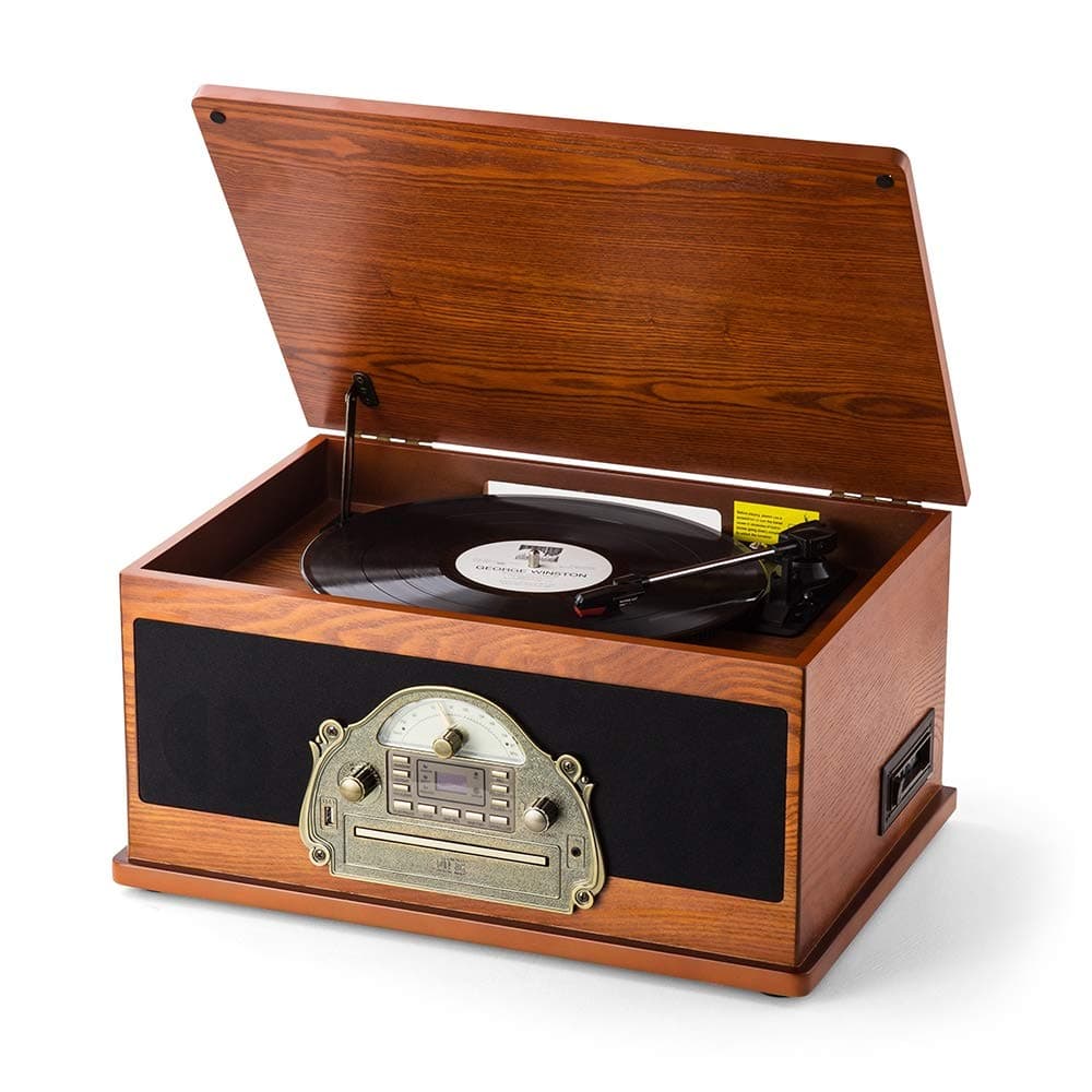 Shuman Nostalgic Wooden 7-in-1 Wireless Music Centre with 3 Speed Vinyl Record Player, CD/MP3 Player,Cassette Player, USB Playback/Recording, FM Radio, Built-in Speakers (MC-263BT Brown)