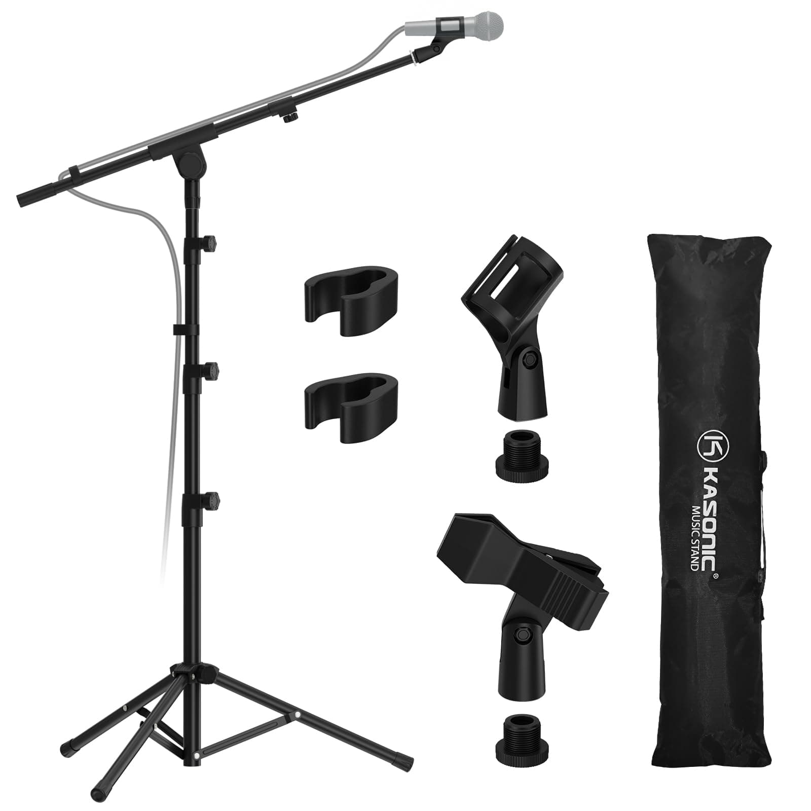 K KASONIC - Microphone Stand, Adjustable Collapsible Tripod Boom Mic Stands with Mic Clip Holder for Performance, Karaoke Singing, Speech, Wedding, Stage and Outdoor Activity, Black