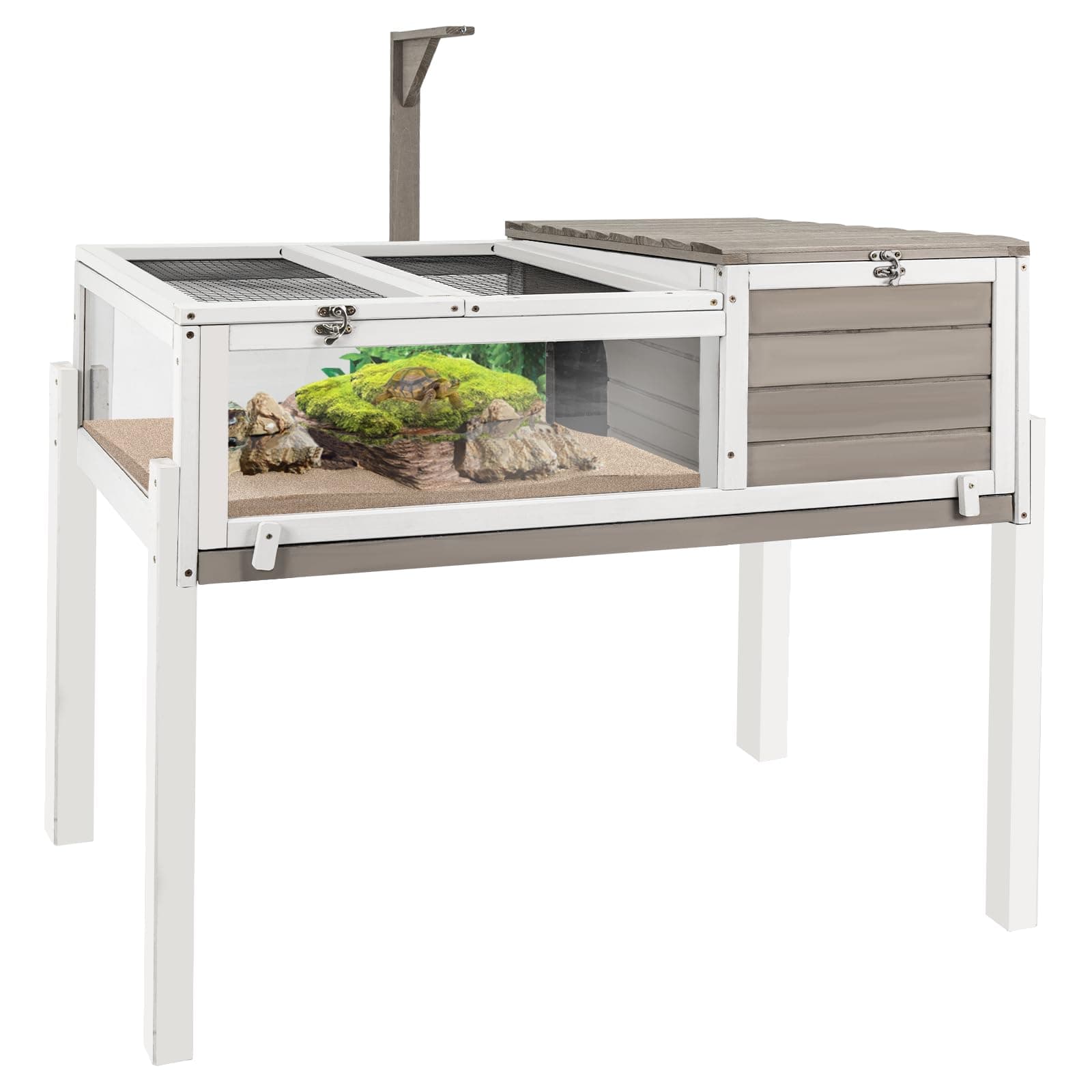 Tortoise Habitat Large Wooden Tortoise Enclosure Habitat with No-Leaking Tray Indoor & Outdoor, Reptile Cage for Small Animals TOR03-Grey