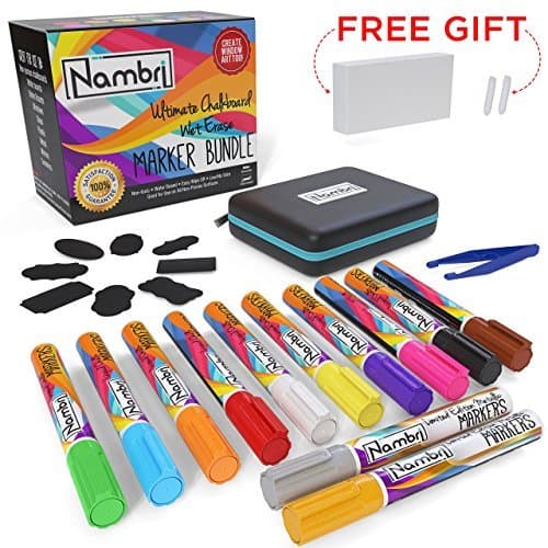 12 Liquid Chalk Markers Set - Erasable Brightsticks - Gold & Silver Metallic Liquid Pens - 16 Chalkboard Labels - 2 Spare Reversible Tips with Tweezers Eraser & Case by Nambri