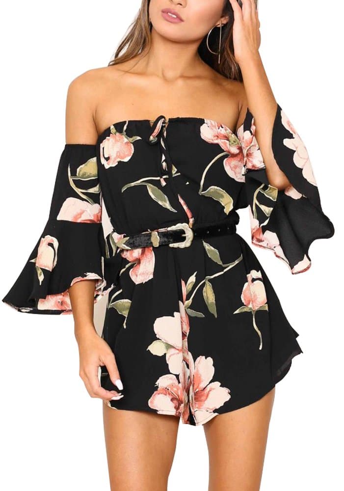 RUIGO Women's Lace Sexy Open Back Hollow Out Boho Playsuit Jumpsuit Romper Dress (M, Dark Floral)