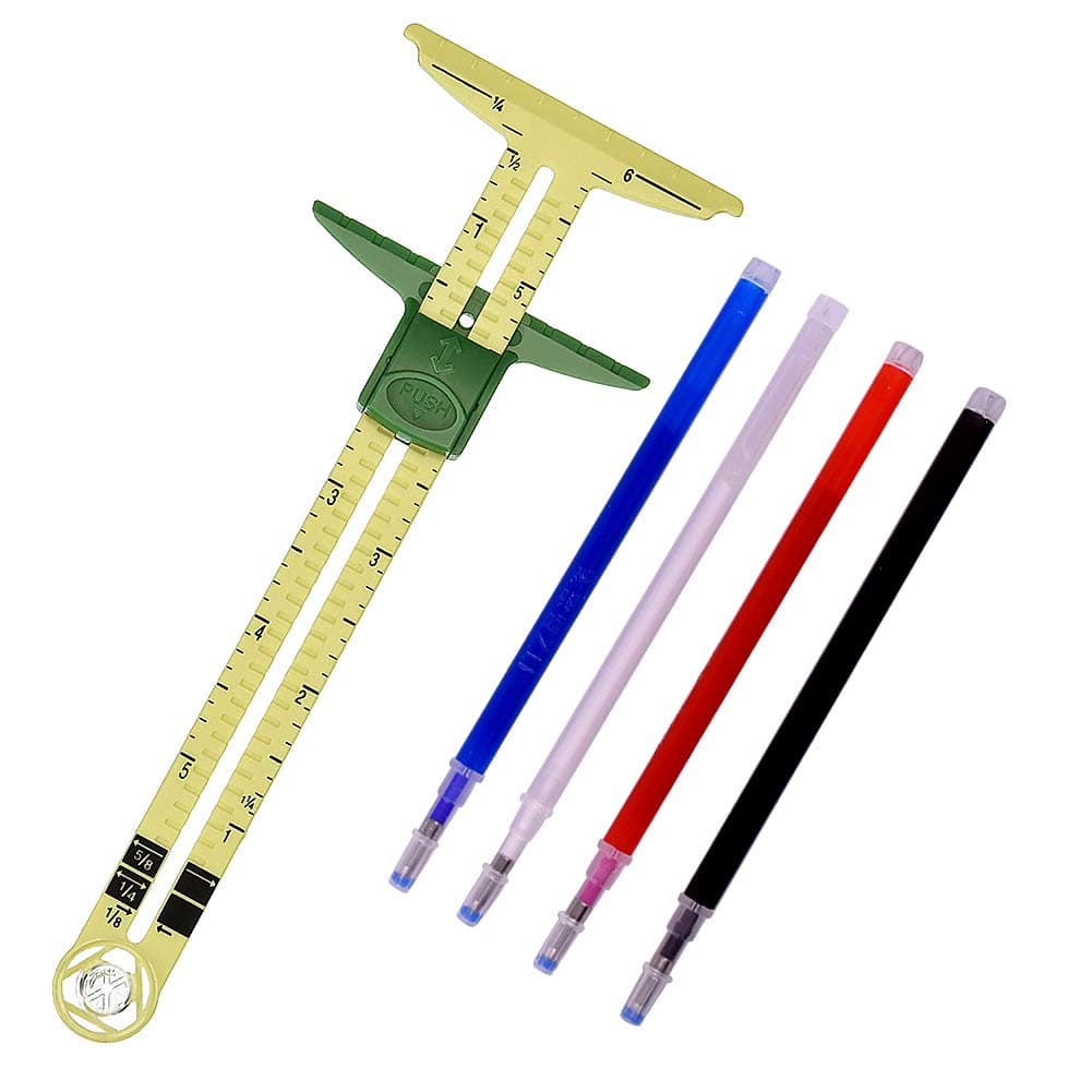 WXJ13 T-Shaped Sliding Gauge Sewing Measuring with 4 Colors Heat Erase Pens for Fabric, 5-in-1 Sewing Ruler Tool for Marking Button Holes, Seam Allowance Gauge