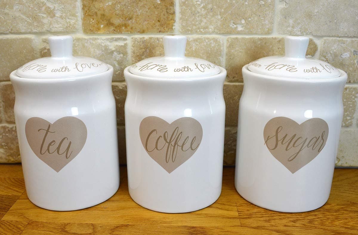 Set of 3 Shabby Chic Love Hearts Tea, Coffee, Sugar White Ceramic Kitchen Storage Jars Canisters