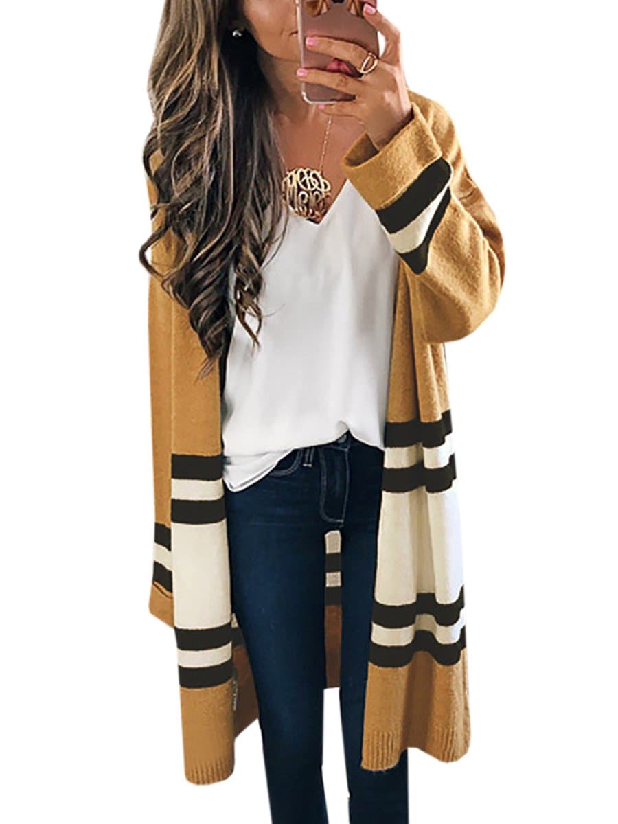 Womens Long Cardigans Yellow Color Block Open Front Long Sleeve Kint Cardigan Sweaters By SUNMMWERY,Yellow,X-Large