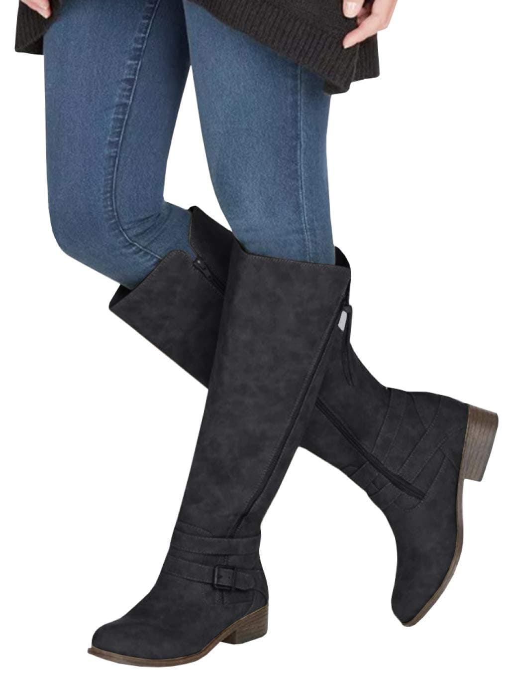 Ermonn Womens Knee High Riding Boots Wide Calf Chunky Flat Low Heel Combat Boots Buckle Winter Shoes