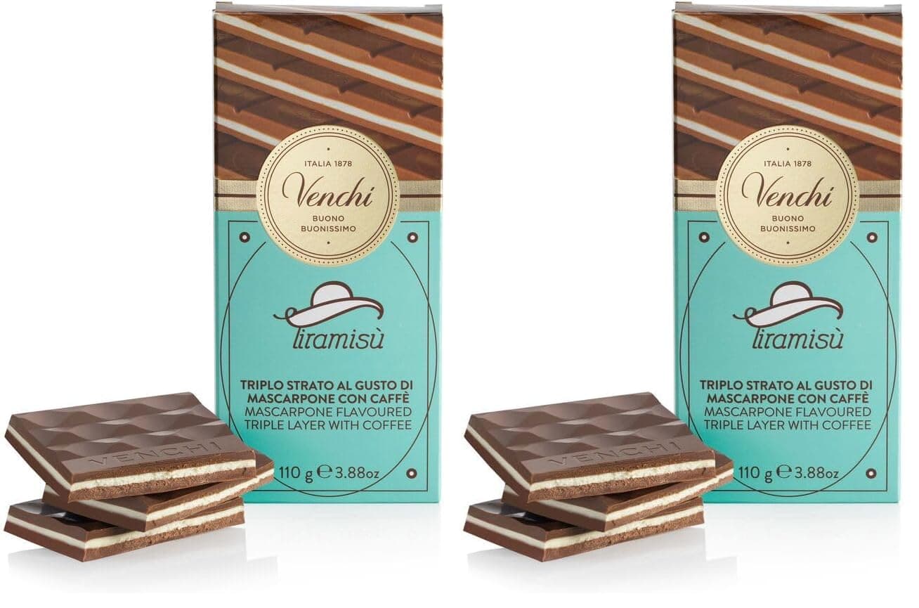 Venchi Chocolate Bar: Tiramisu Chocolate Bar, 3.88 oz - Layers of Coffee paste, Mascarpone cream, and Dark Chocolate - Naturally Gluten Free (Pack of 2)