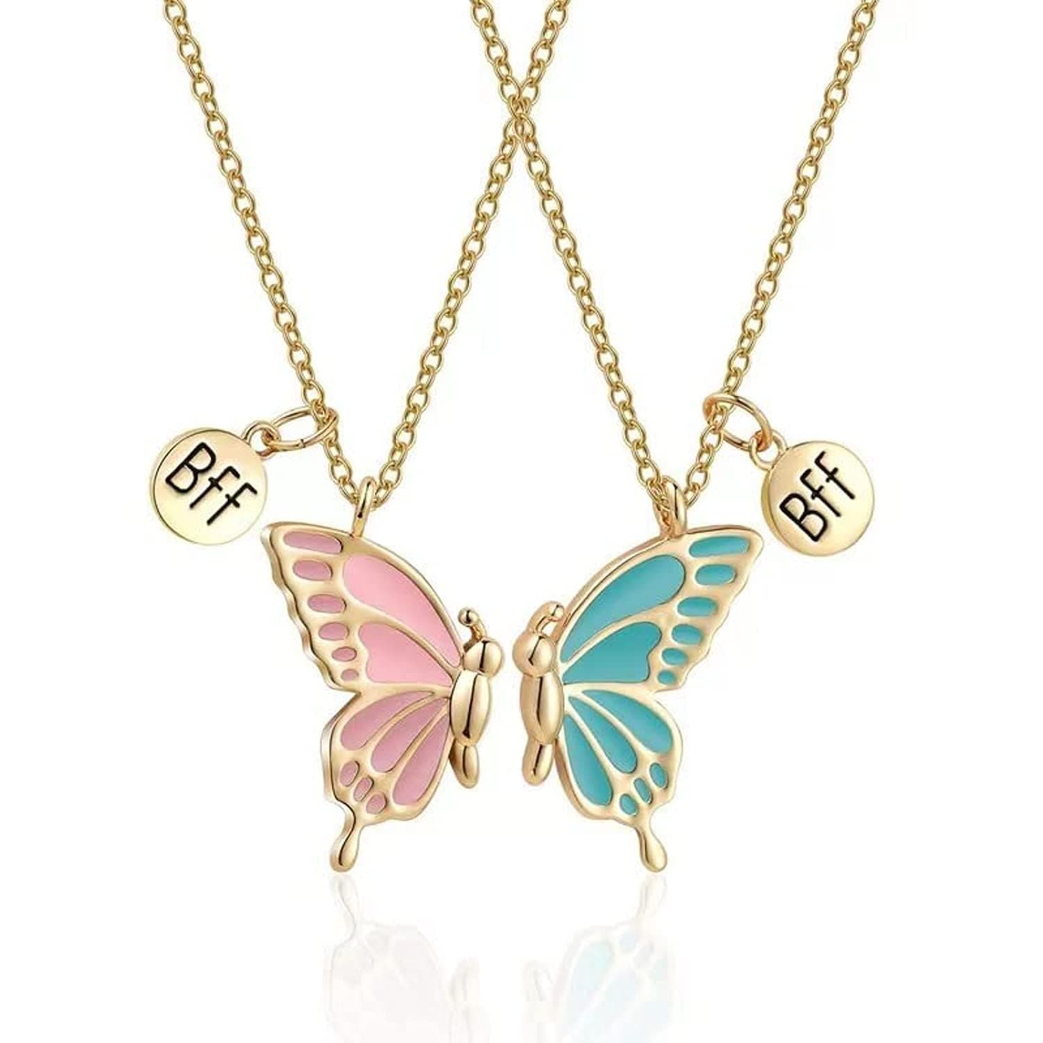 2 PCS Butterfly BFF Necklaces, Enamel Butterfly Friendship Necklaces Best Friends Necklace for Teen Girls Women Best Friend Birthday Gift