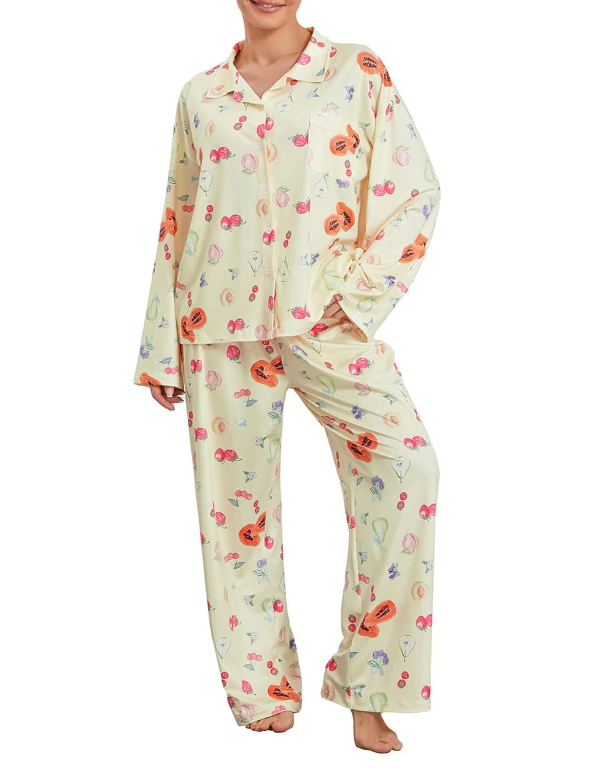 FHNUVBWomen 2 Piece Floral Pajama Set Button Down Long Sleeve Wide Leg Fruit Set Cute Pjs Y2K Loungewear Sleepwear S-XL