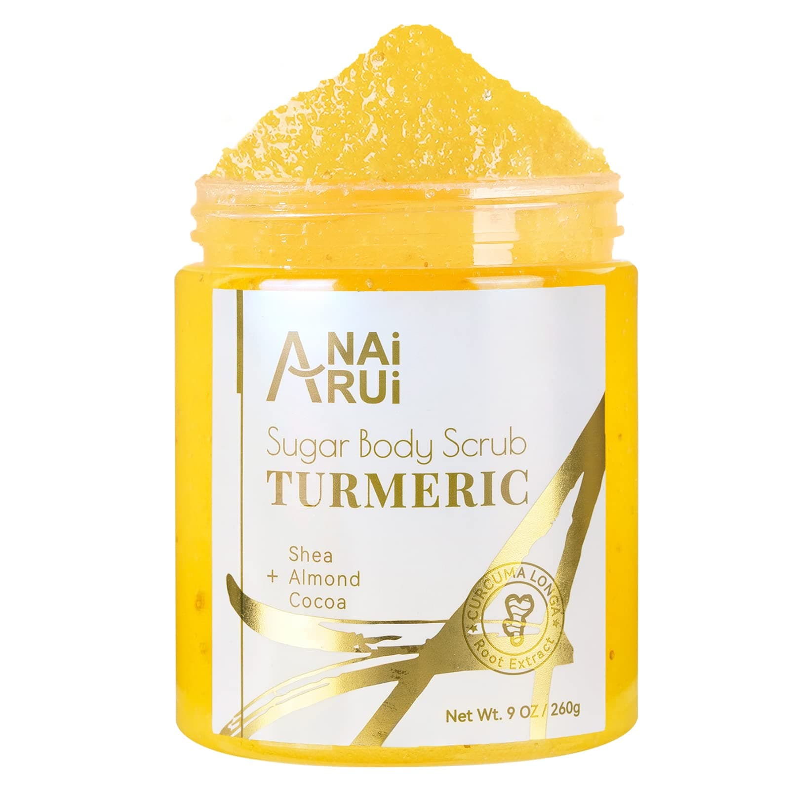 ANAI RUI Turmeric Body Scrub, Glow Face Scrub, Real Sugar Scrub for Body & Face Hyperpigmentation Dark Spots, Exfoliating, Moisturizing & Glowing Scrub, Sweet Orange Scent, 9 OZ