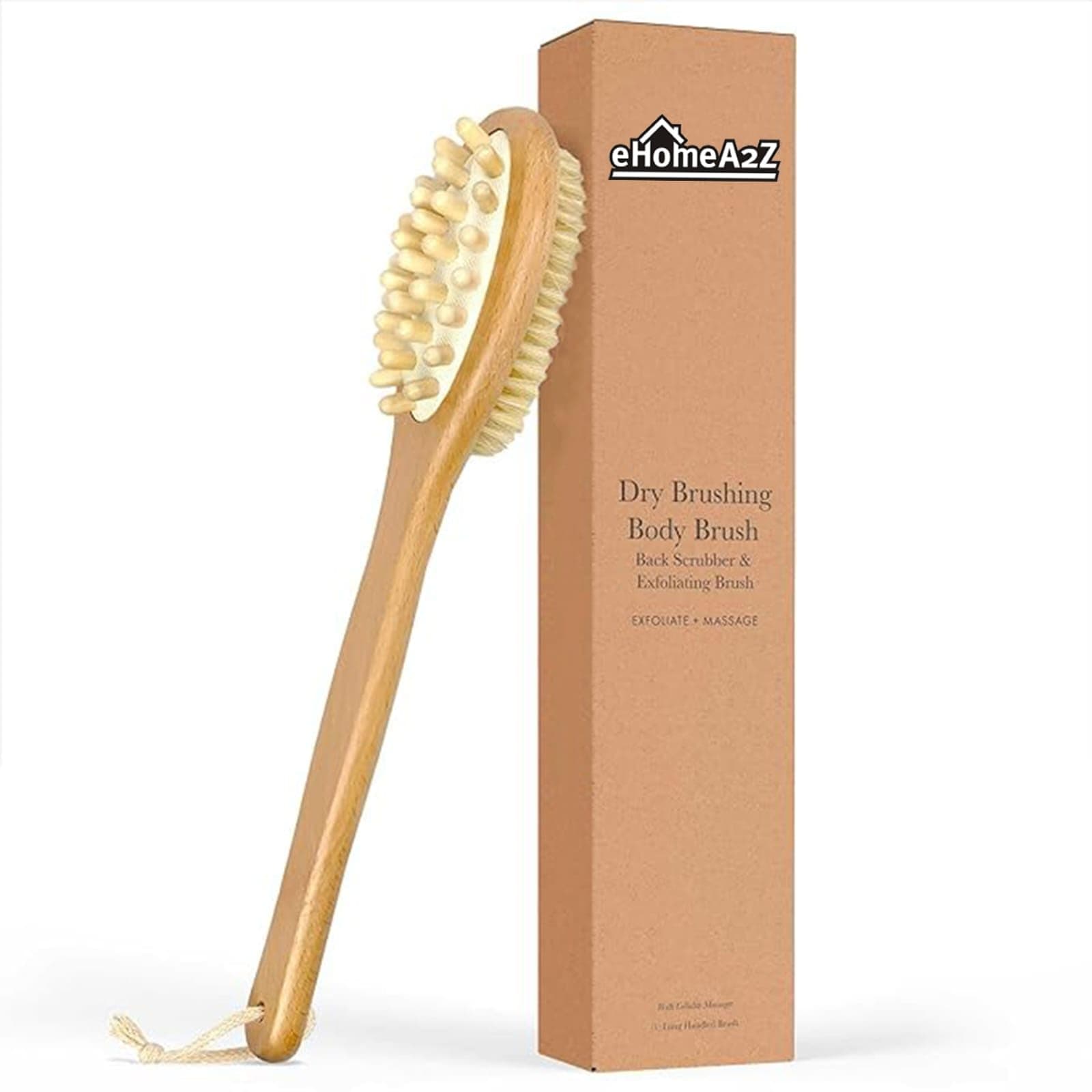 eHomeA2Z Wooden Double-sided Bath Brush With Massager and Long Handle | 40cm Back Brush Natural Bristles | Dry Brushing Removes Dead Skin, Treats Cellulite & Stimulates Blood Flow | 2 in 1 Shower Brush (Pack of 1)