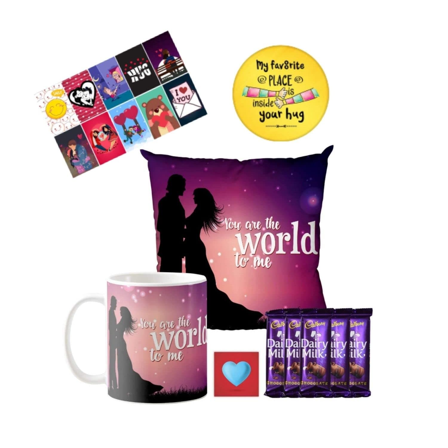 TheYaYaCafe Valentine Day Gifts Set of 6 Hamper with Mug, Cushion (with Filler), Coaster, 10 Dairy Milk Chocolates(7g) Love Post Card, Fridge Magnet Combo - You arae The World to Me