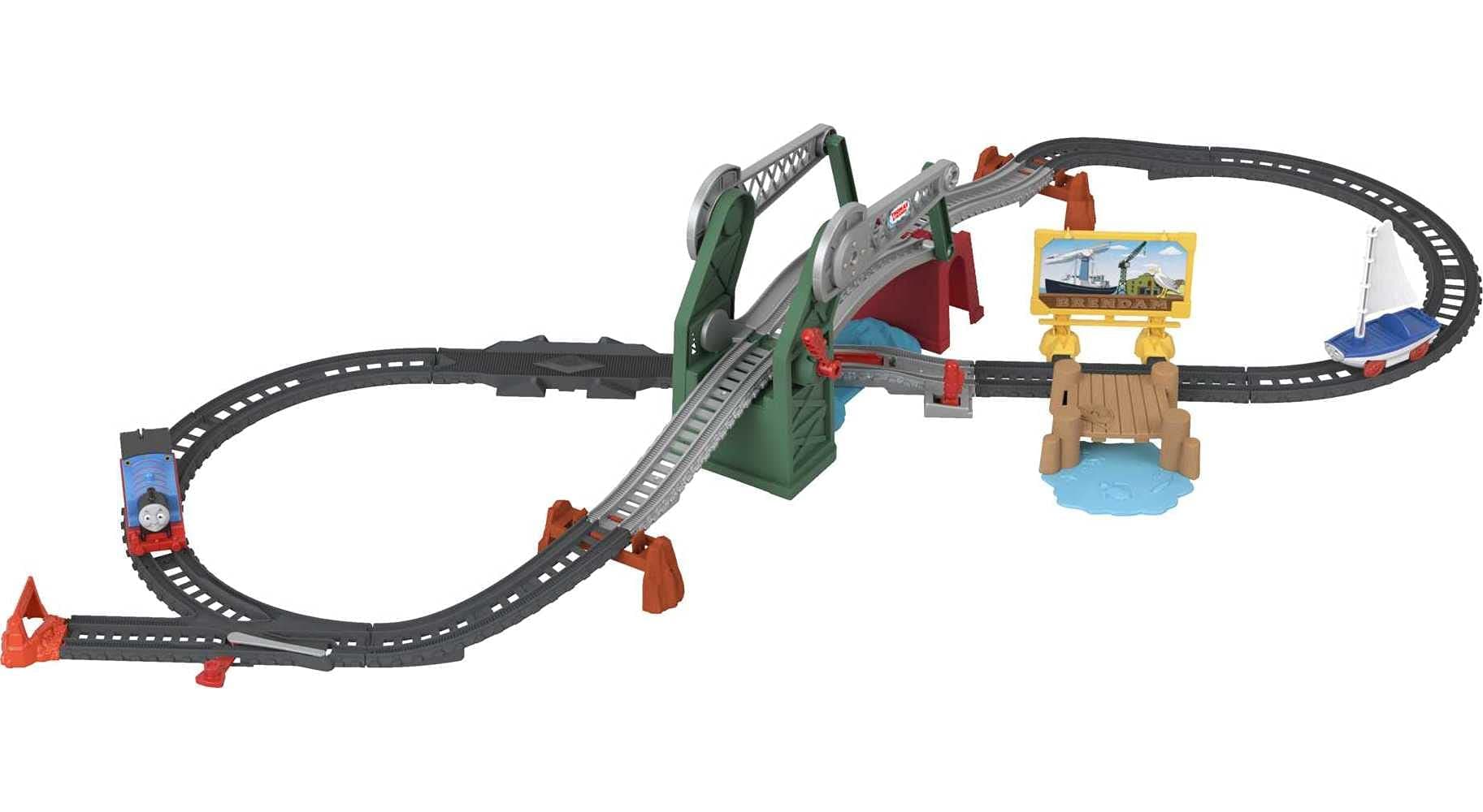 ​Fisher-Price Thomas & Friends Bridge Lift Thomas & Skiff train set with motorized engine and toy boat for preschool kids ages 3 years and up