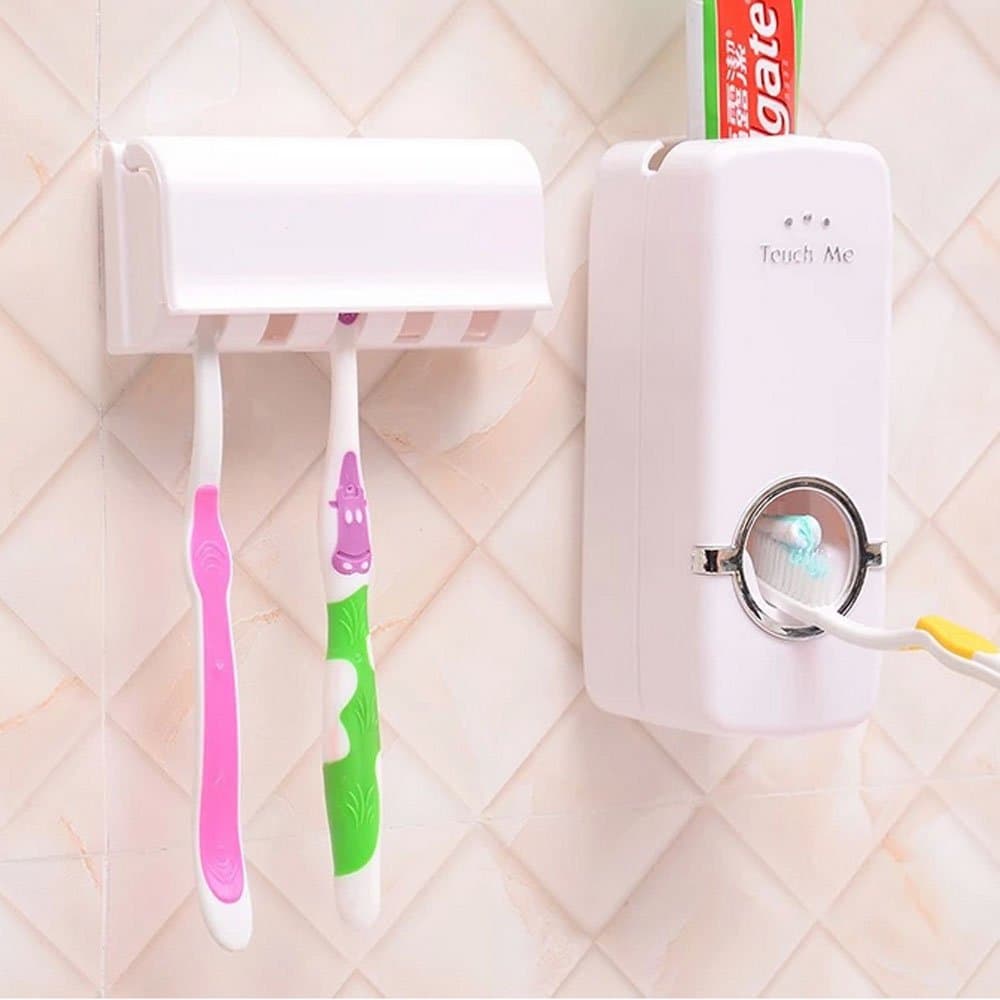 Hands Free Toothpaste Dispenser Toothpaste Squeezer Kit and 5 Toothbrush Holder Set Wall Mount Stand(White))