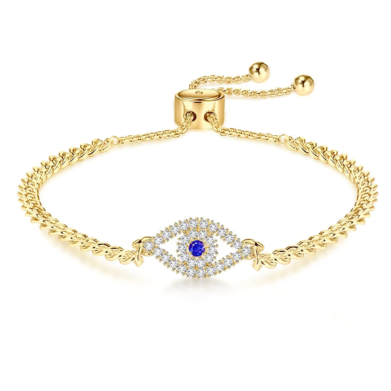 Evil Eye Bracelet, Sideway Cross Bracelet, Silver 14K Gold Plated Bracelet for Women Adjustable Slide Chain Jewelry