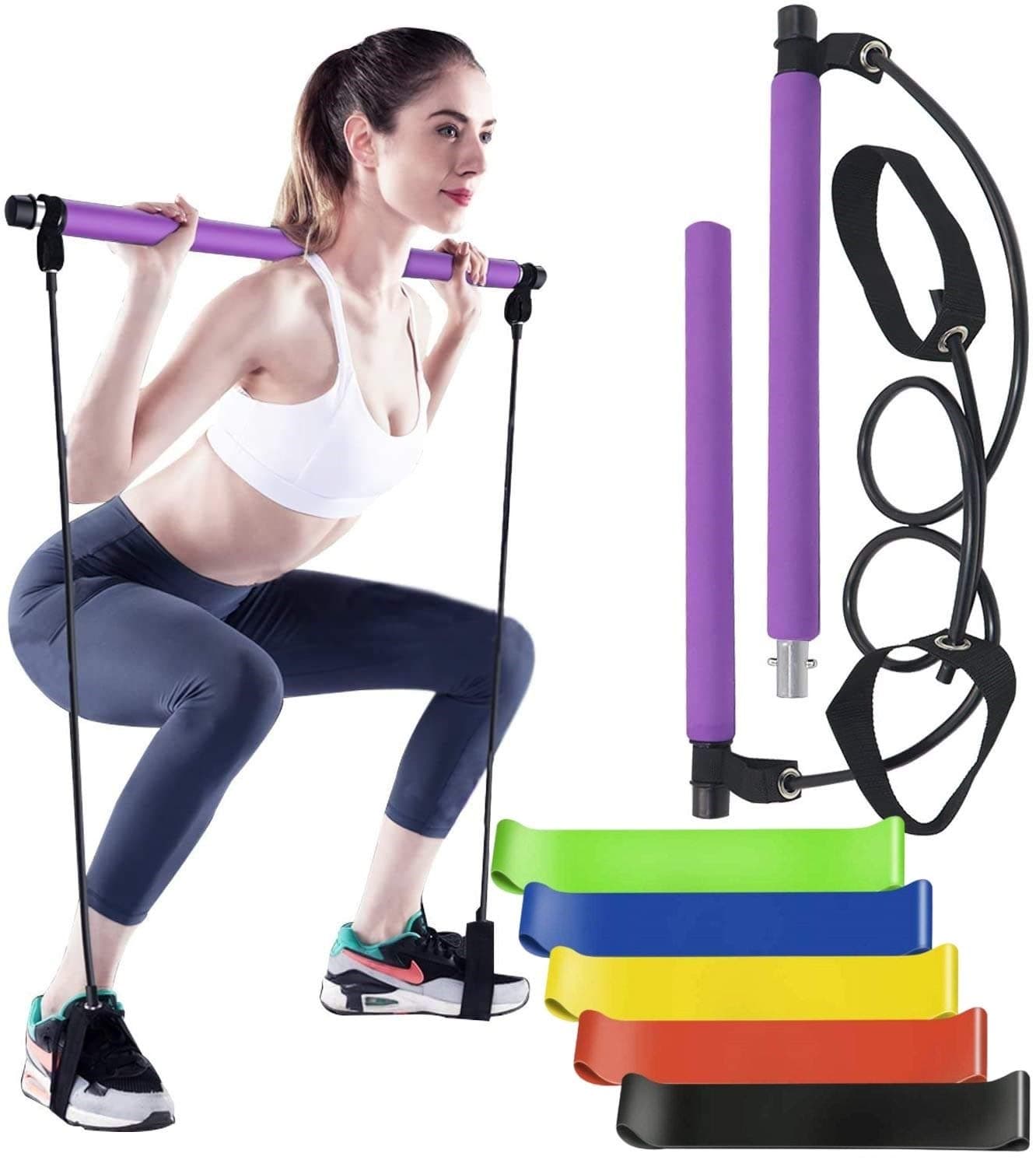 Portable Pilates Bar Kit, Yoga Pilates Stick, Muscle Toning Bar Home Gym Pilates Yoga Exercise Bar with Foot Loop for Total Body Workout Stretching Sculpt Twisting Sit-Up