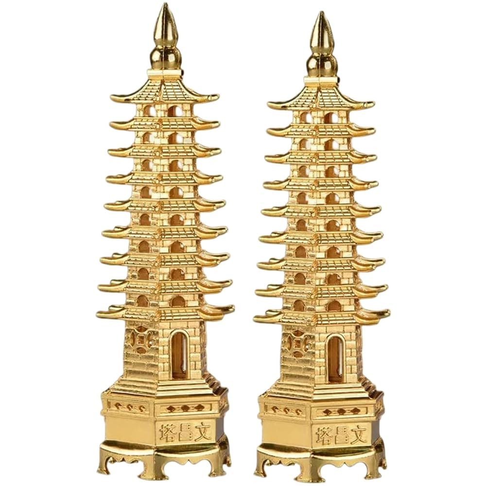 5.1''2 Pack Alloy Fengshui 9 Level Pagoda Wenchang Tower Statue Office Home Desk Decor Artifacts Attract Career Fame Academic Wisdom Education Luck