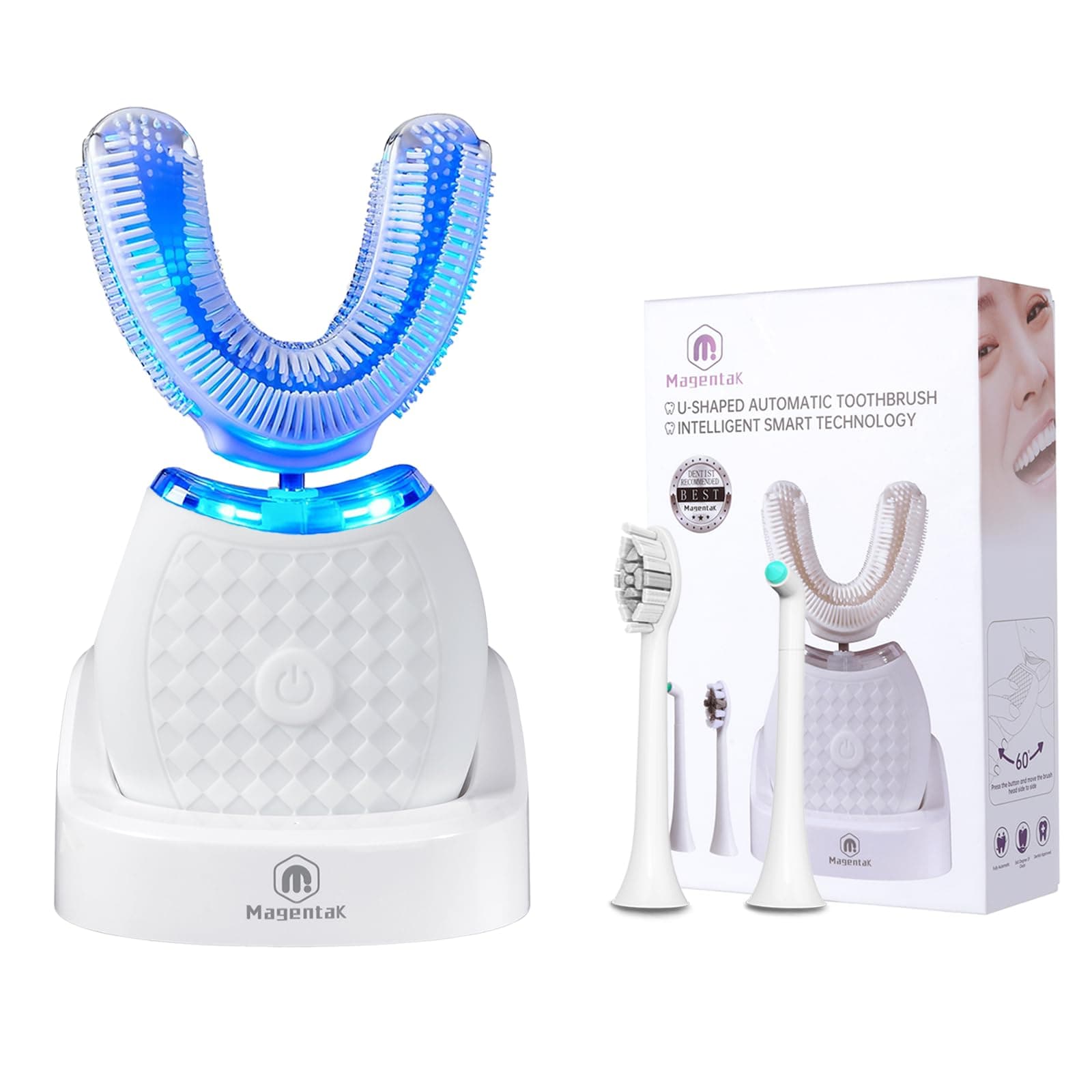 Electric Toothbrush for Adults, U Shaped Automatic Toothbrush for 360-degree Cleaning, Ultrasonic Toothbrush 3 Modes for Whitening, Wireless Charging Toothbrush Kit for Travel or Home(White)