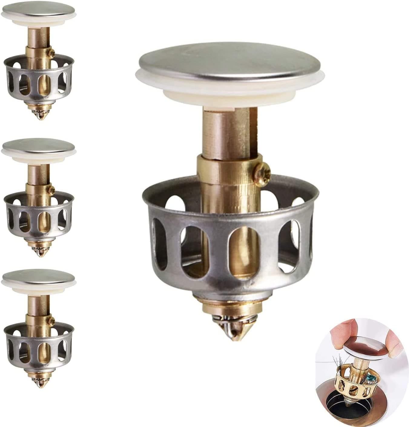 4PCS Pop Up Sink Stopper, Stainless Steel Universal Wash Basin Bounce Drain Filter Built-In Anti-Clogging Strainer Plumbing Fixture for Clog Prevention for Kitchen and Bathtub Stopper Replacement