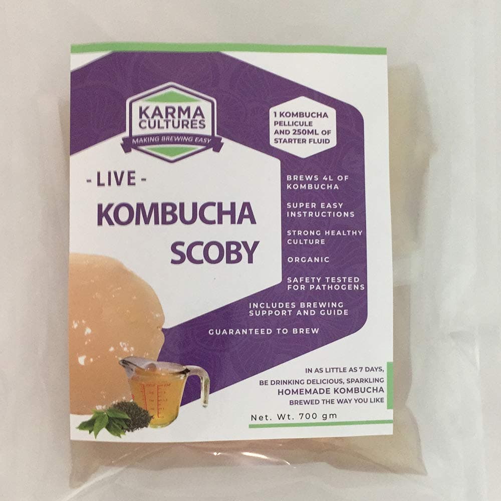 Karma Cultures genuine kombucha SCOBY (5 inch round) and starter fluid (1 cup), Grown with organic sugar, tea and TLC