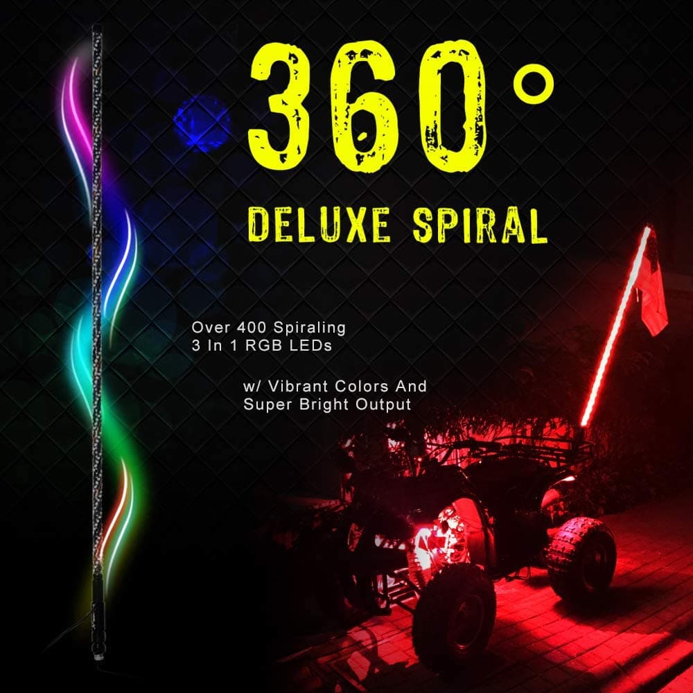 NF NIGHTFIRE 2pcs 360° Spiral Bluetooth Whip Lights w/Amber Turn Signal - Reverse Braking Light LED RGB Light Whips for ATV UTV Antenna Flag Pole for Boat Sand Dune Buggy 4X4 Side by Sides