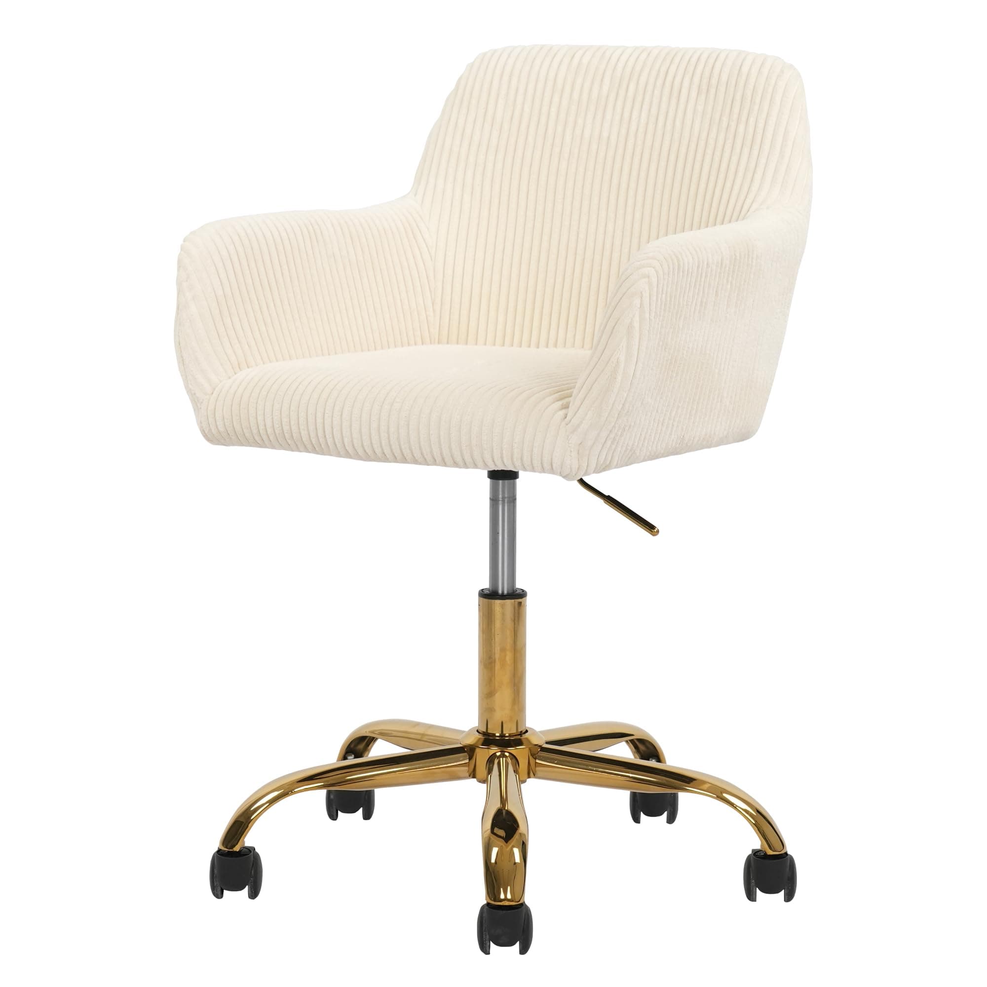 Faux Fur 360°Swivel Desk Chair, Height Adjustable Home Office Armchair with Golden Base for Teens Women Girls, Upholstery Computer Chair for Home Studios, Corduroy & Beige