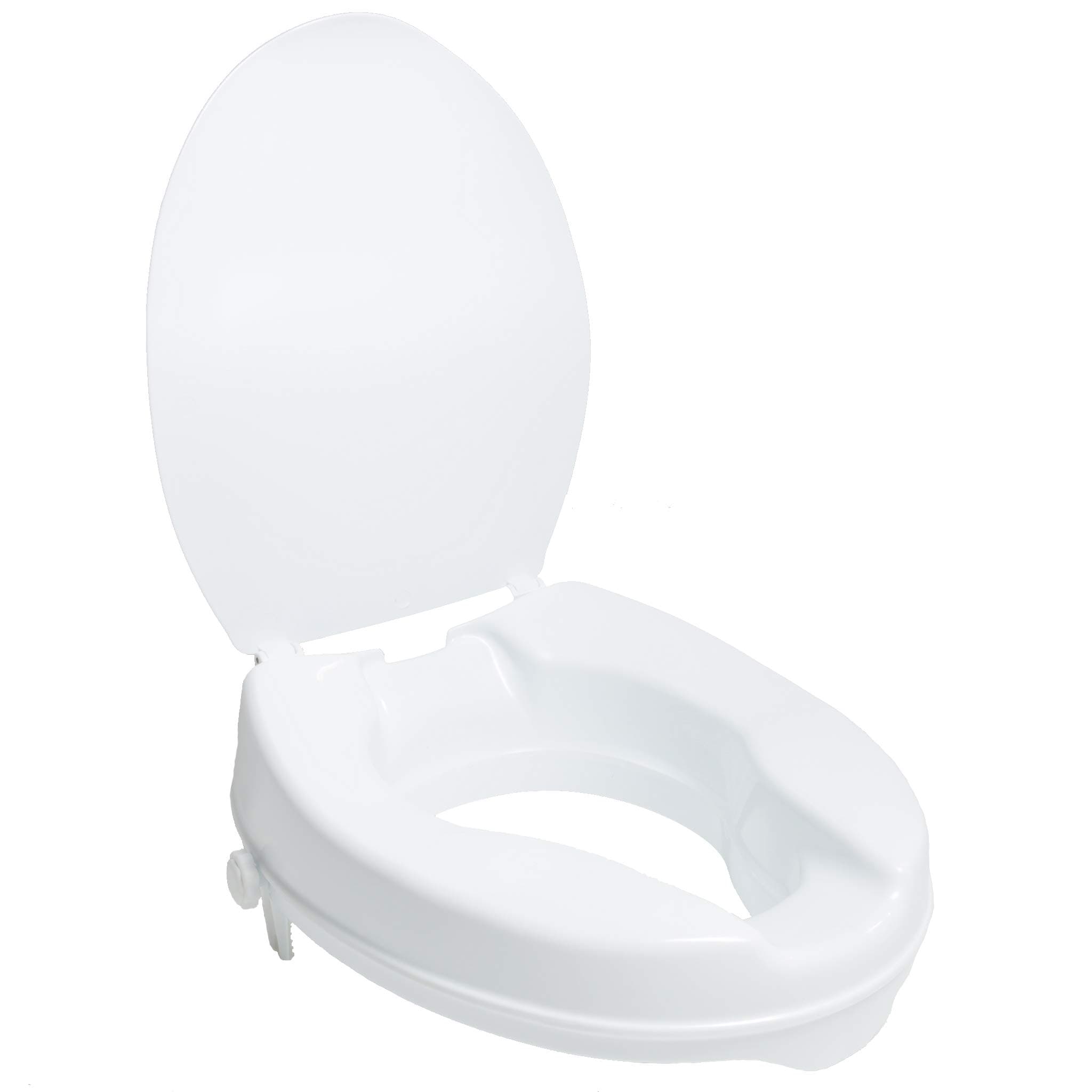 PCP Raised Toilet Seat, 2-Inch Increase Height for Standard Round Shape Commode, Elevated Low Profile, Safety Stability Clamps, Lid