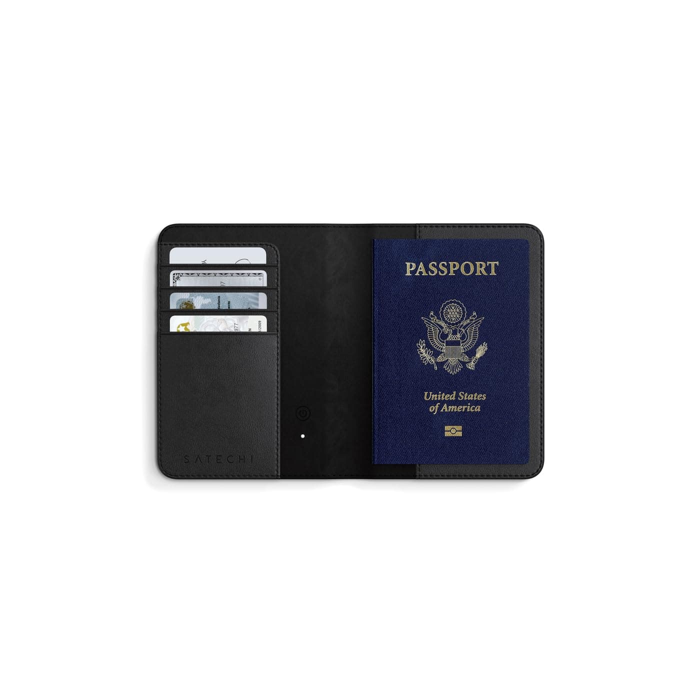 Passport Holder for Travel with Find My, Passport Cover with 4 Card Holder, Wireless Charging, and RFID Protection – Travel Essential Synthetic Material (PU) Passport Holder – Black