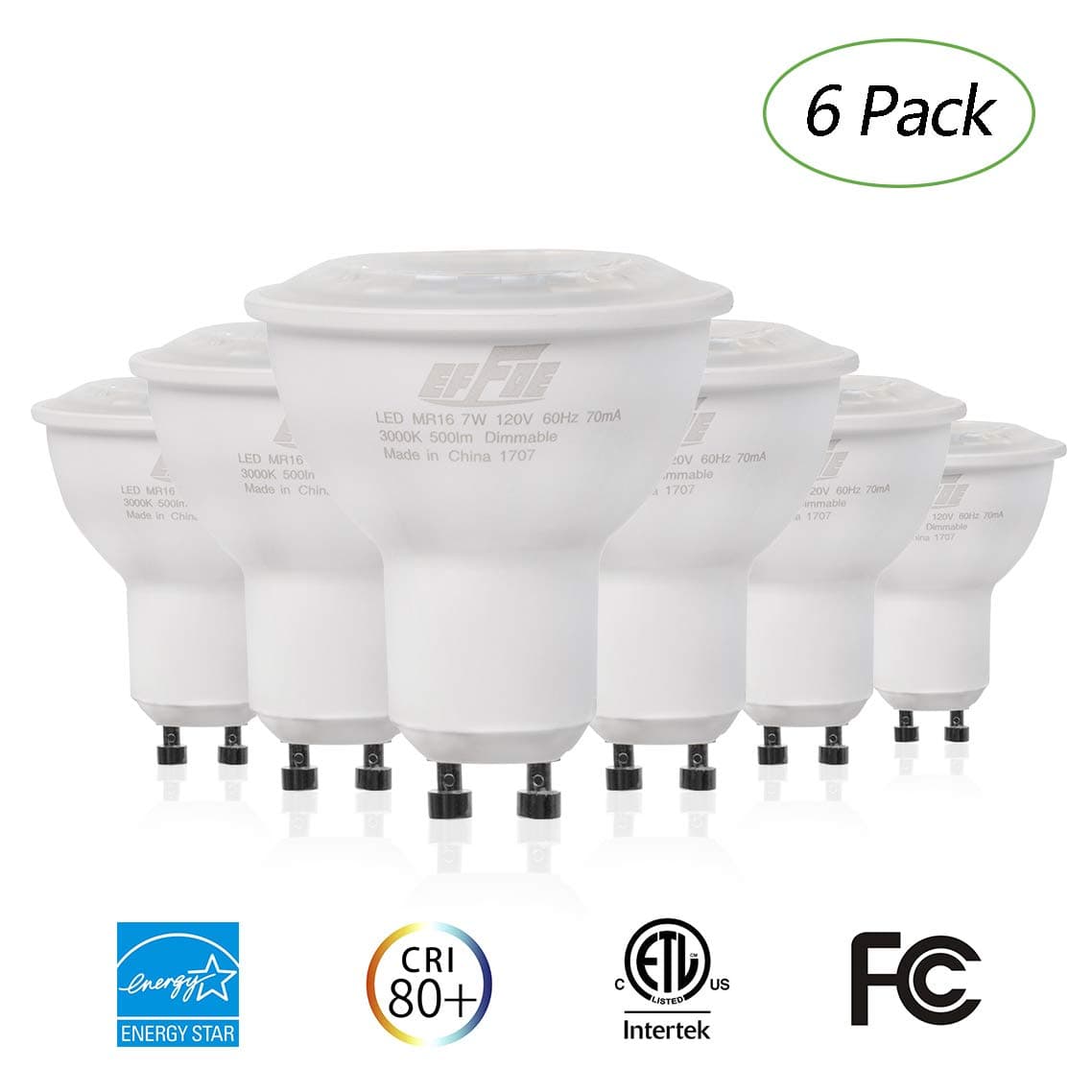 EFFOE GU10 LED Directional Bulb, Dimmable Light, 7W (60W Equivalent), 3000K (Soft White), 500 Lumens with Energy Star Qualification, Longer Lifetime and Energy Saving Lights, 6 Pack