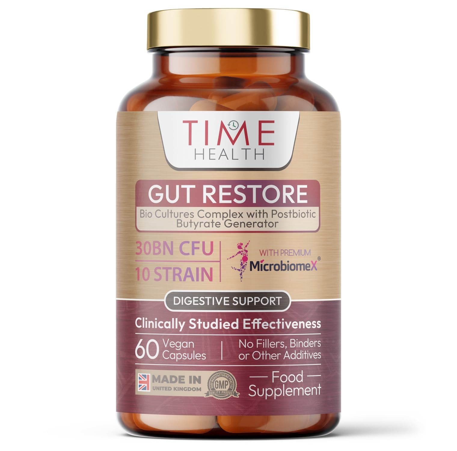 Time Health Gut Restore - 12 Strain Probiotic & Postbiotic Butyrate Generator - MicroBiomeX - Clinically Proven - Advanced Bioculture Formula - Vegan Probiotics - Made