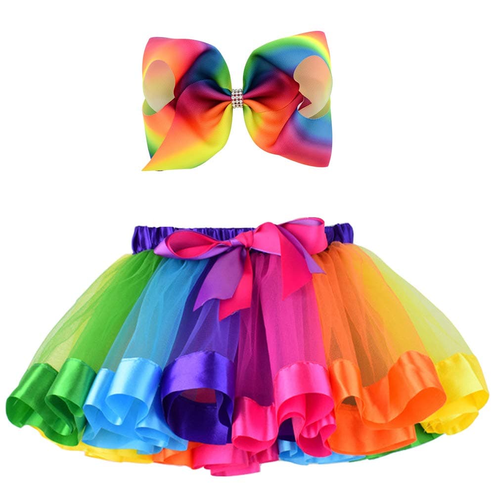 BGFKSGirls Layered Tulle Rainbow Tutu Skirt with 8 Inch Big Hairbow,Tutu Skirt with Lining.