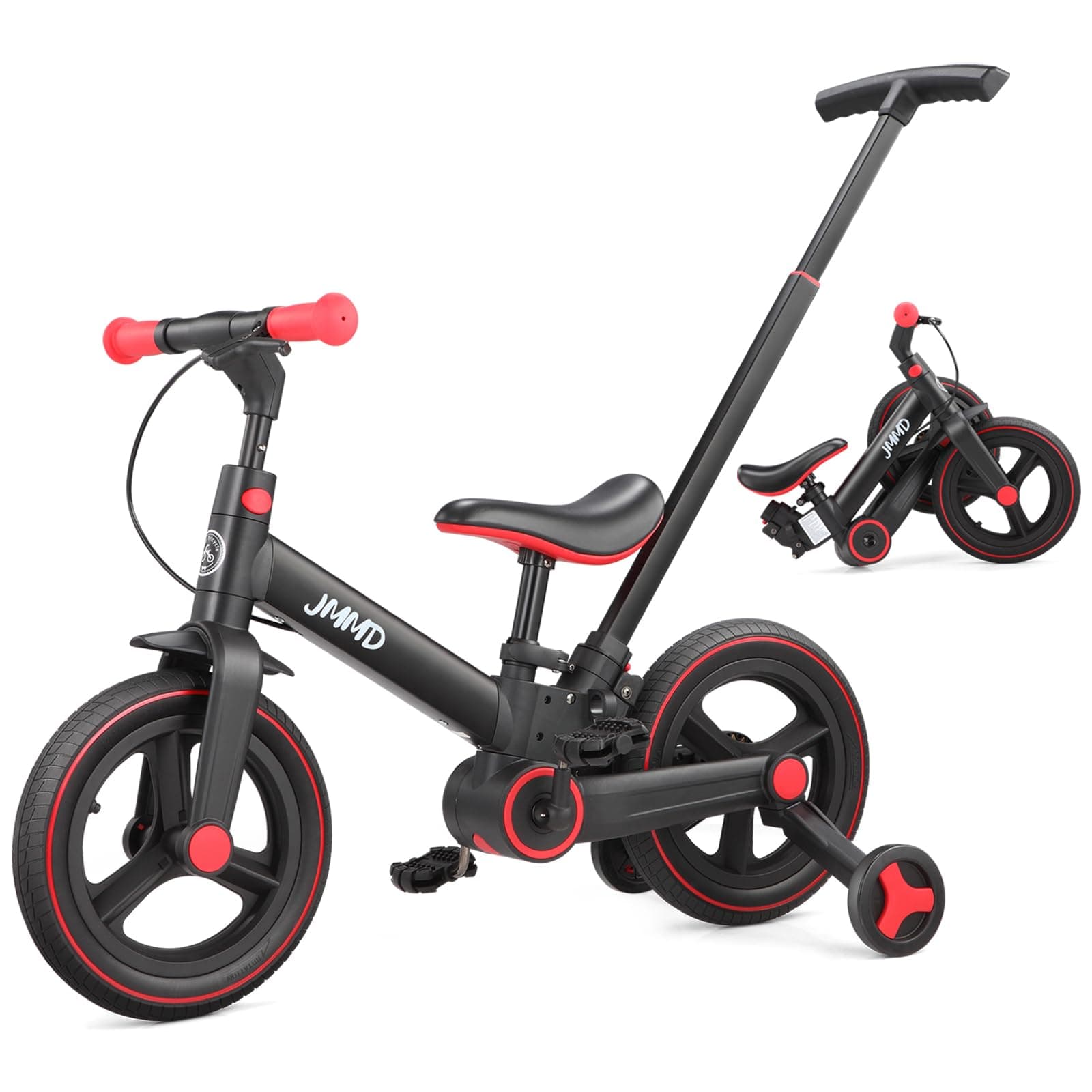 JMMD Toddler Bike with Push Handle for Kids 1-3 Years, 6 in 1 Push Bike with Training Wheels & Pedals, Balance Bike for Boys and Girls with Brakes & Kickstand, Black