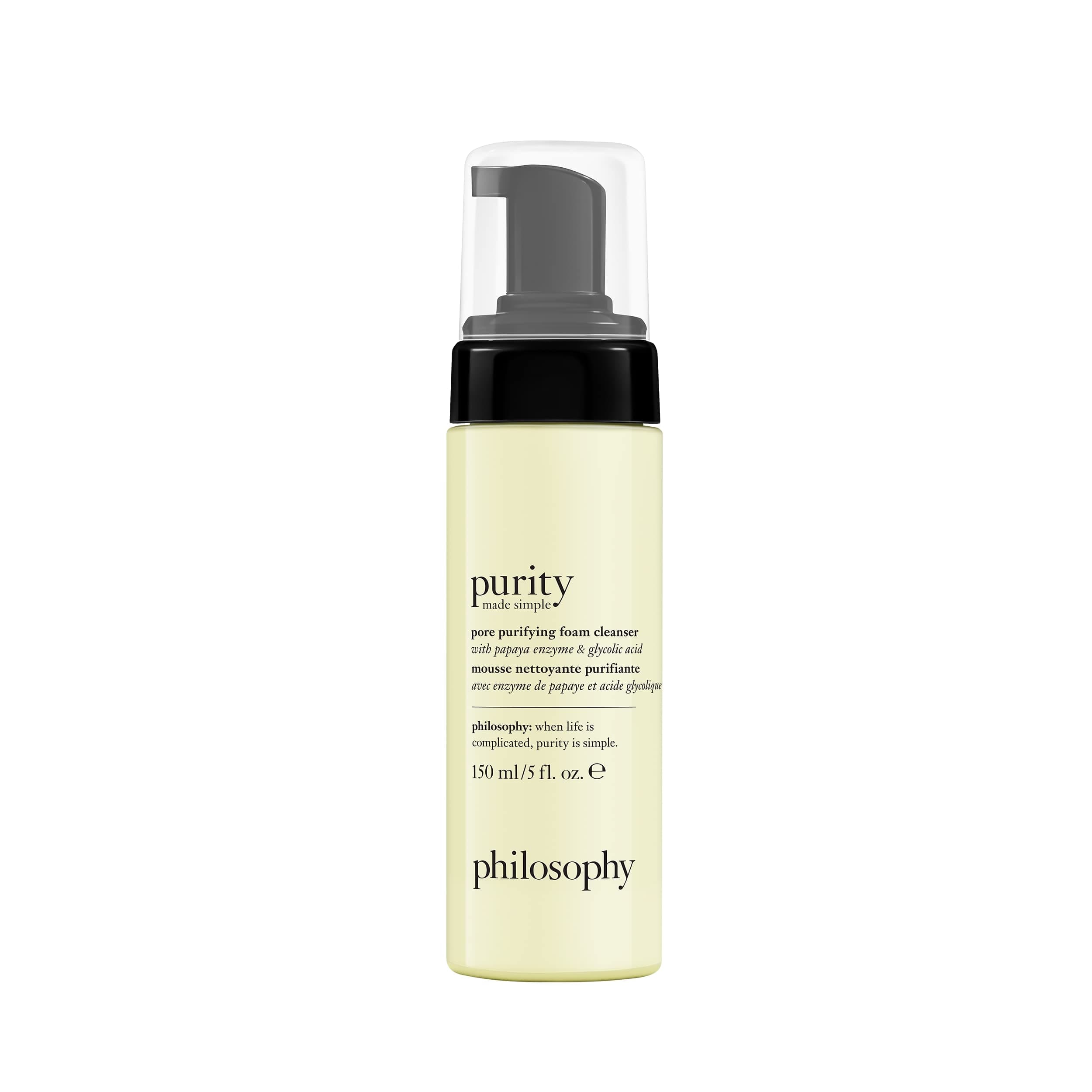 philosophy purity pore purifying facial foam cleanser 150ml, with papaya enzyme & glycolic acid, removes impurities from pores, suitable for AM and PM