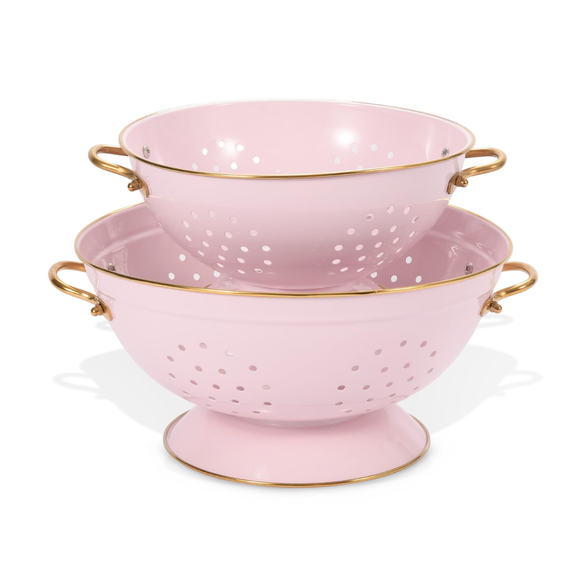 Metal Colander Set of 2, Strainer Basket with Handles 3.5 & 5 Qt Powder Coated Self-draining Solid Ring Base Metal Large Kitchen Colander Bowel for Pasta Vegetable Fruit (PINK)