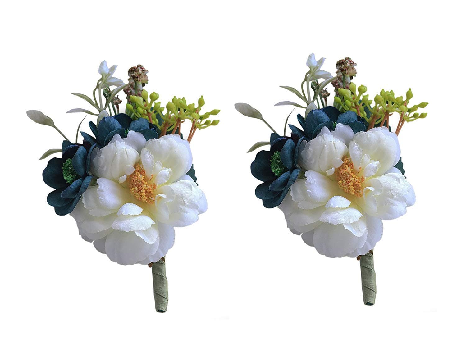 Fouriding Boutonniere Bridegroom Groom Men's Boutonniere Groomsmen Best Man Boutineer Brooch Corsage Flower for Wedding Homecoming Prom Party Suit Decoration (White Blue, Pack of 2)