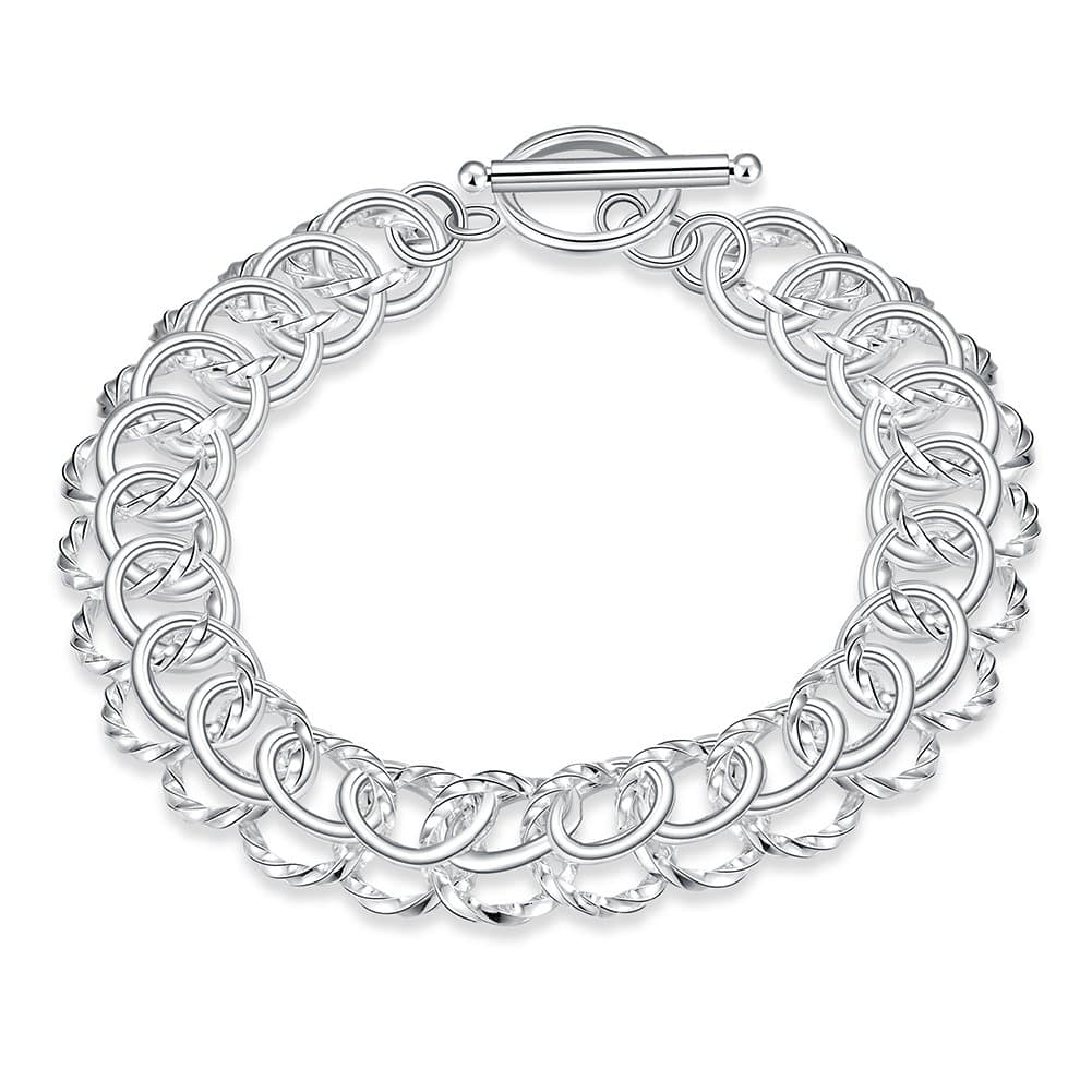 NA BEAUTY Sterling Silver 2 Layers Twisted Link Chain Bracelet with Diamond Cut and Hight Polish Loops,Toggle Button 8"