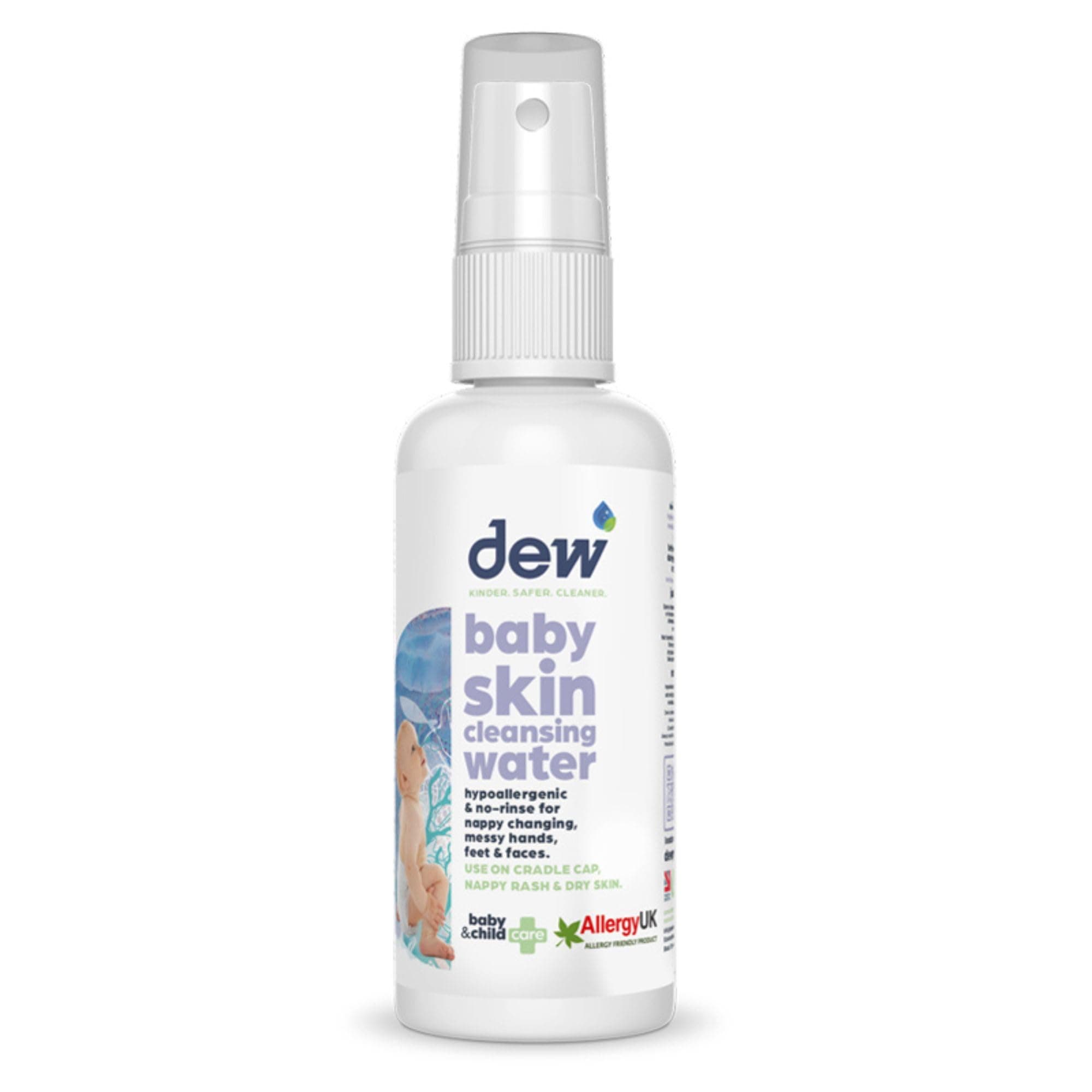 Dew Baby Cleansing Water 100% Natural Antibacterial Baby Sanitiser Spray | Hypoallergenic Sterilising of Hand, Bum, Face, Dummy & Safe if Ingested. Cleans Skin Before Applying Nappy Rash Cream (65ml)