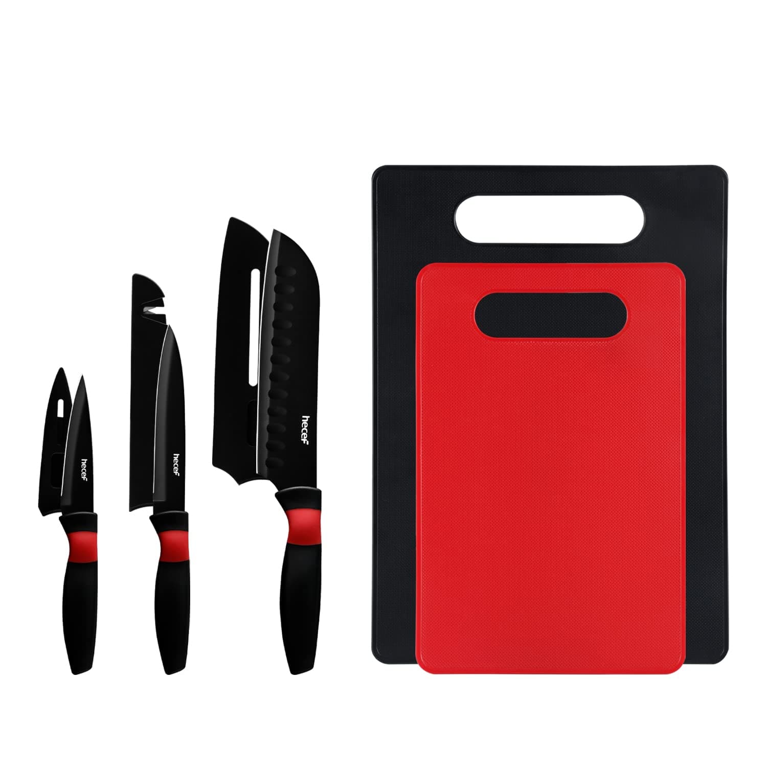 hecef 8-Piece Unique Kitchen knife Set and Cutting Board Set- 3 Black Stainless Steel Knives with Sheaths and 2 Chopping Mats for Home, Camping, RV, Travel, Picnic and BBQ
