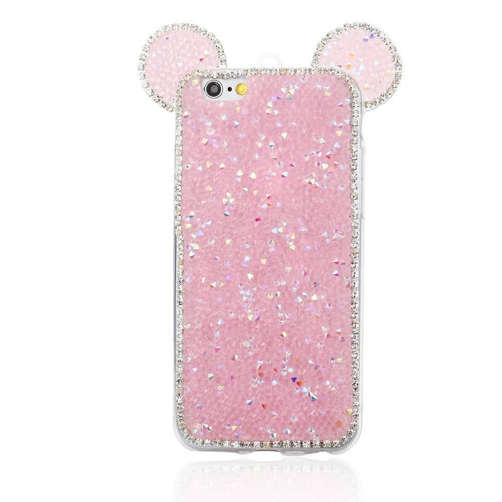 iPhone 6 Plus Cover, 3D Handcraft Diamond Bling Crystal Rhinestone Lovely Mickey Ear Design Glitter TPU Shell Luxury Girl's Gift Phone Back Case Cover + Neck Strap for iPhone 6/6S Plus 5.5" (F-Pink)