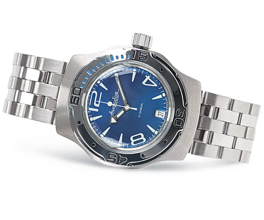 VOSTOK | Classic Amphibian Automatic Self-Winding Russian Diver Wrist Watch | WR 200 m | Fashion | Business | Casual Men's Watches | Model 160272 Steel Bracelet (160272-St)