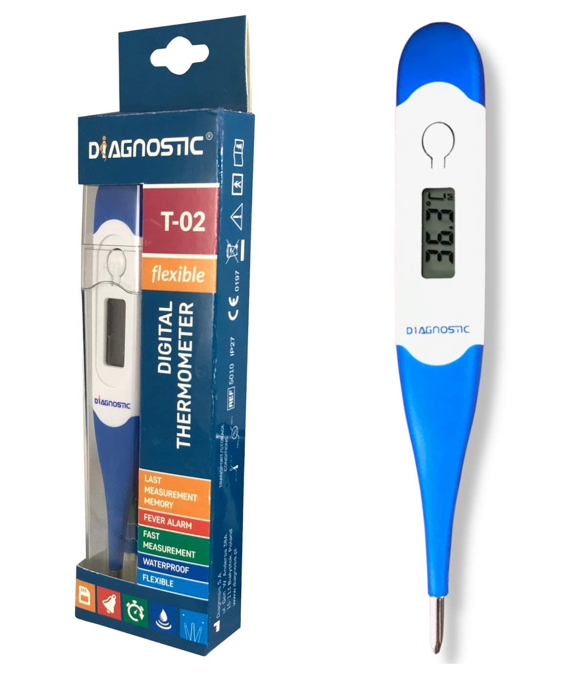DIAGNOSTIC T-02 Digital Flexible Thermometer for Oral, Underarm or Rectal use