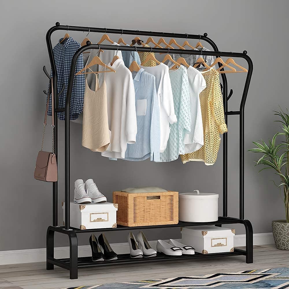EKRON Curved New Double Garment Rack Heavy Duty Metal Cloth Rail with 2 Bottom Shelf Storage Organizer Space Saving Coat, Jacket Hanger Shoe Stand (Black / 128 x 110 x 33cm/MGS-003)